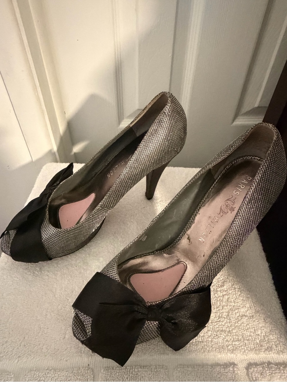 Paris Hilton Silver Metallic Peep-Toe Heels with Black Bow